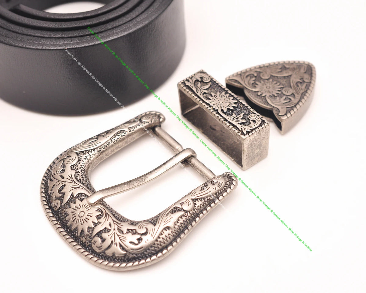Heavy Duty Cowboy Western Floral Engraved Antique Silver Belt Buckle Set 1-1/2"
