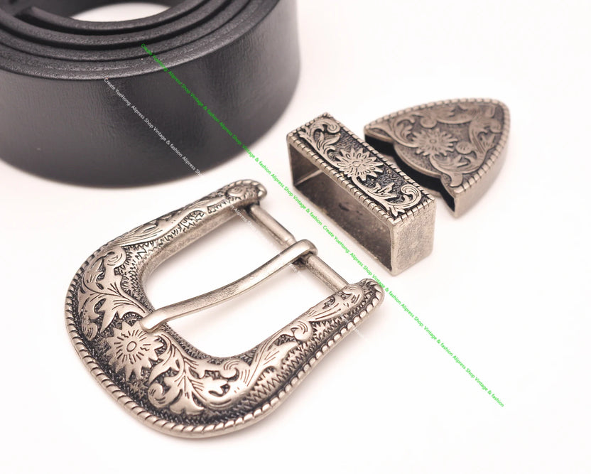 Heavy Duty Cowboy Western Floral Engraved Antique Silver Belt Buckle Set 1-1/2"