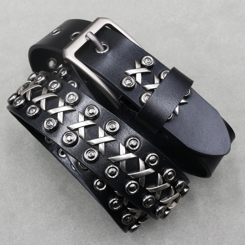Heavy Metal Punk Belt Genuine Leather Hip Hop Belts for Men Cross Rivet Jeans Belt Male Strap Ceinture Homme Designer Belt