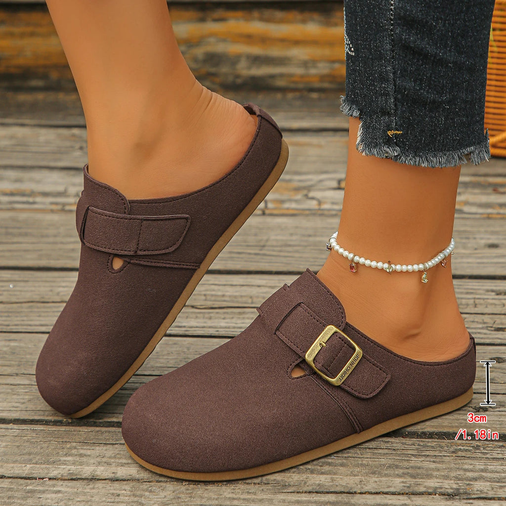 Women's Fabric Round Toe Flat Mules with Buckle Strap