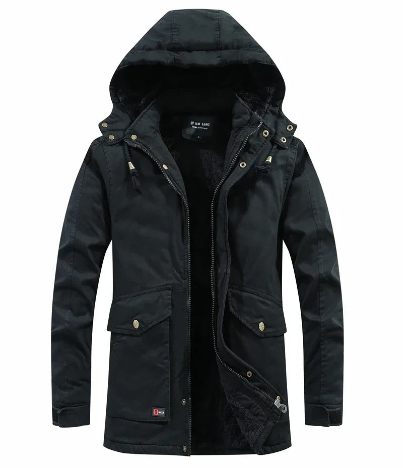 Męska kurtka parka w stylu militarnym, wiatroszczelna z kapturem, z bawełny typu washed, ocieplana grubym polarem, ciepła kurtka zimowa typu varsity w stylu casual, nowość