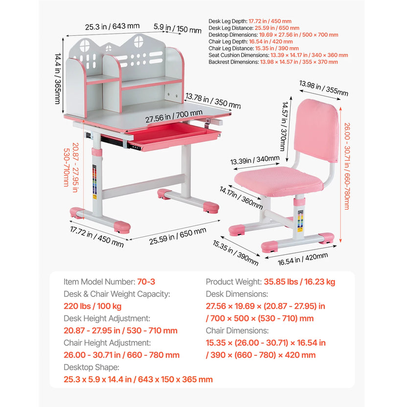 Set de escritorio y silla de estudio para niños SucceBuy, escritorio y silla de estudio para niños con lámpara de mesa, altura ajustable para dormitorio y sala de estudio