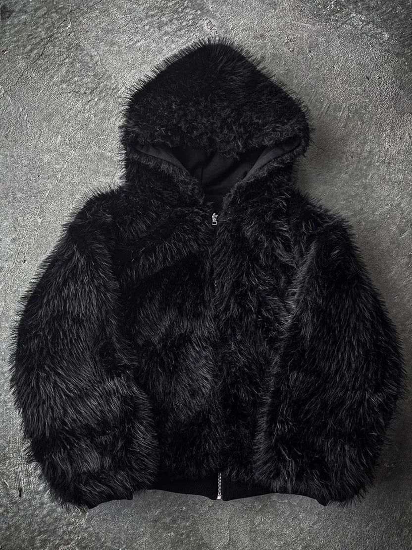 Mauroicardi höst/vinter oversized förtjockad varm svart vändbar fuskpäls parkas för män med huva dragkedja fluffig jacka 2025