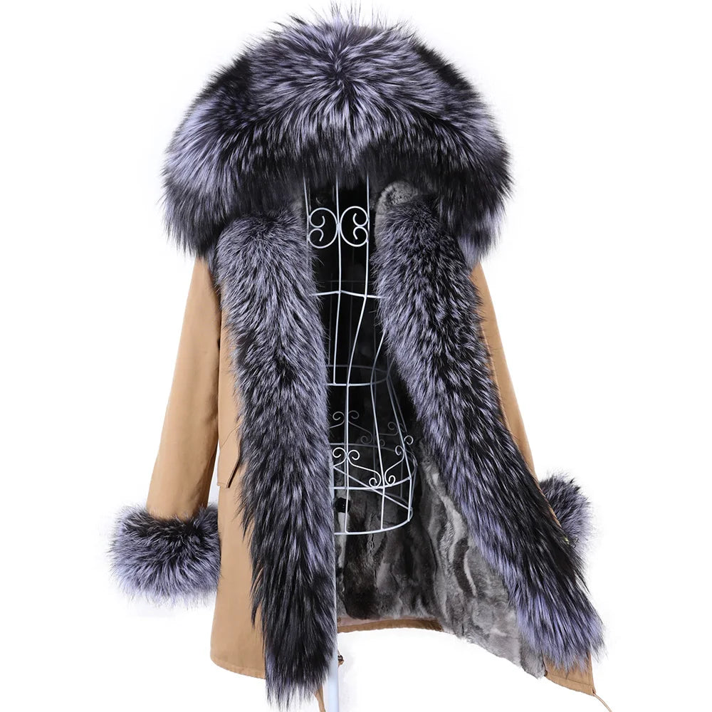 MAOMAOKONG 2026 Removable Real Fox Fur Collar Coats Woman Winter Jacket Hooded Rabbit Fur Lining Long Parkas Female Clothes