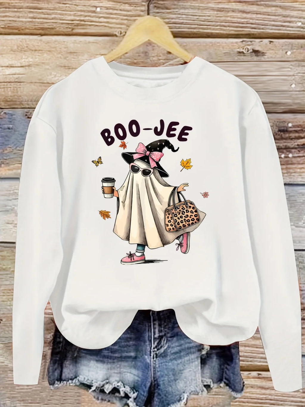 Women's Casual Long Sleeve Crew Neck T-Shirt Boo-Jee Ghost With Coffee Design, Round Neck Women's Clothing, Machine Washable, Slightly Elastic, Loose Fit, Spring Autumn Winter Women's T-Shirt, Halloween Costume Outfit