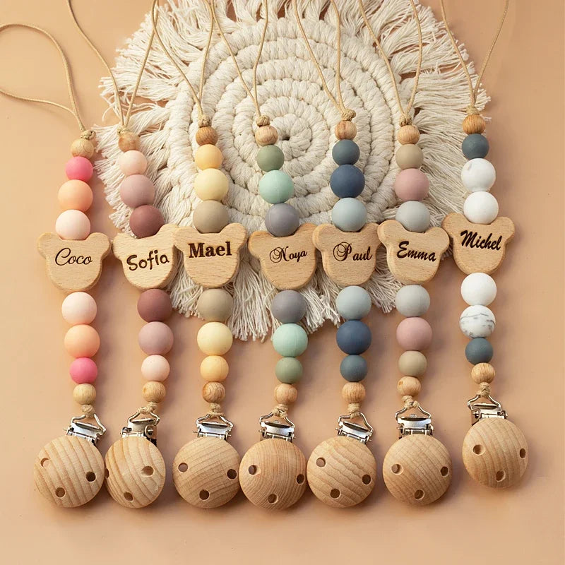 Cadena para chupete de bebé personalizada de madera con nombre, clip de silicona para chupete, soporte para tetina, mordedor, regalo para recién nacido