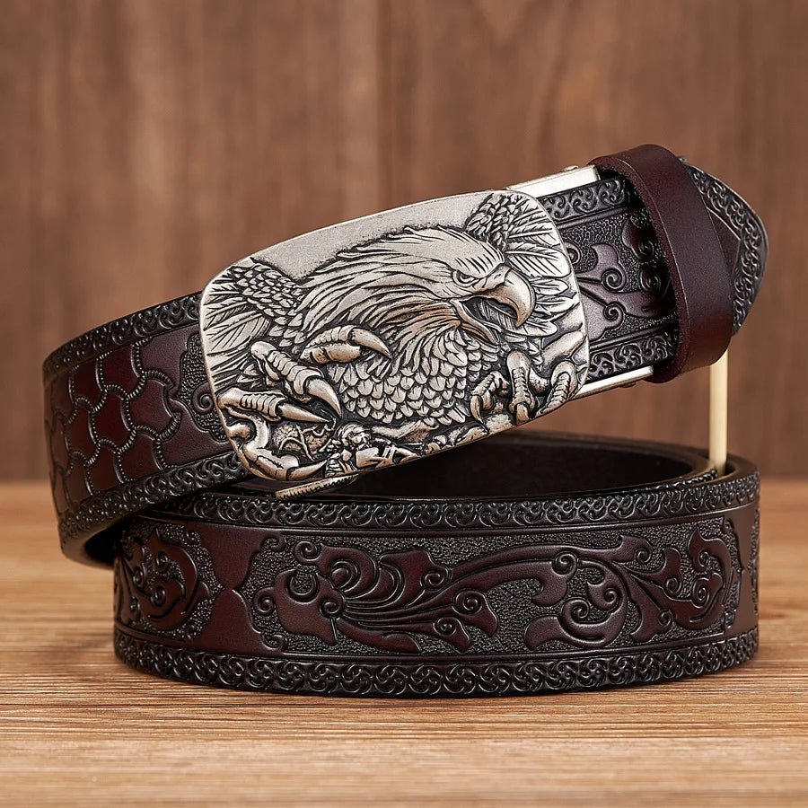 Cinturón de piel auténtica de 3,5 cm con hebilla automática de águila, cinturón de piel de vaca con relieve, correa de calidad para hombre, cinturón de negocios de cuero genuino para vaqueros