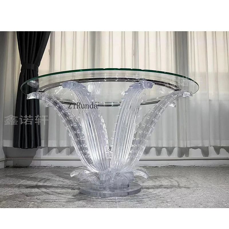 Mesa de comedor de resina transparente de alta calidad, mesa de centro tipo pétalo, mesa redonda de cristal