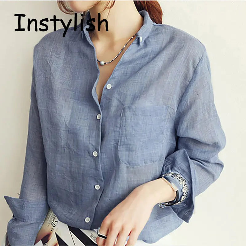 Chemisier décontracté pour femme, style coréen, automne 2022, en coton et lin, coupe ample et légère, manches longues, vintage, couleur unie