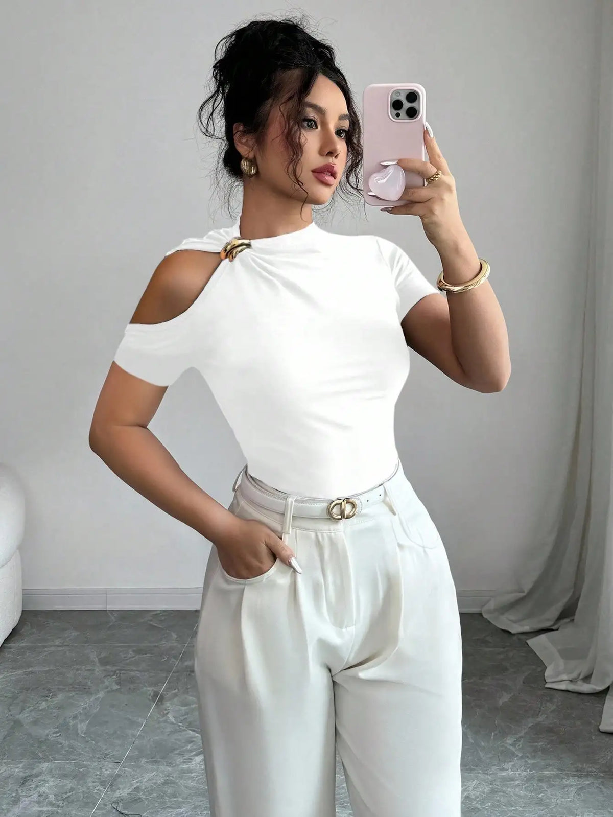 Women's Off-Shoulder Short Sleeve Knit T-Shirt with Slight Stretch