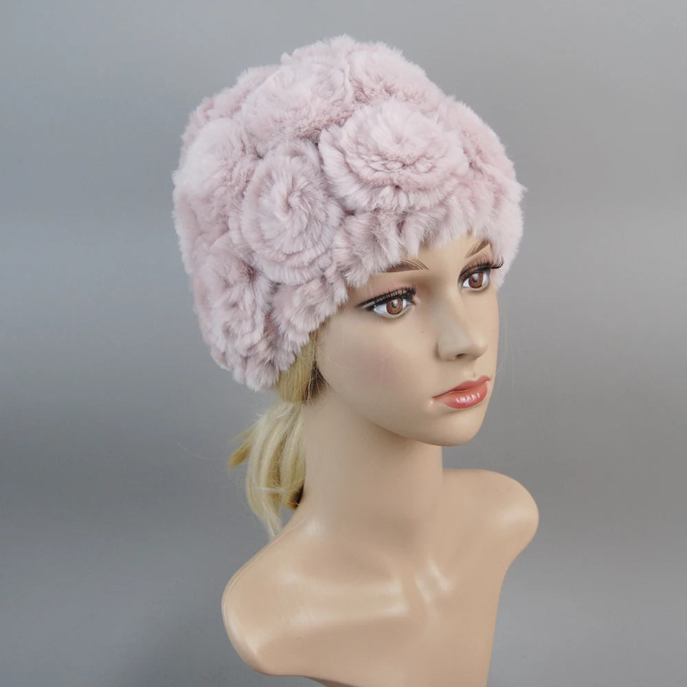 Women Knit Real Rex Rabbit Fur Hat Scarf Sets Natural Warm Rex Rabbit Fur Scarves Hat Winter Lady Real Rex Rabbit Fur Hat Scarf