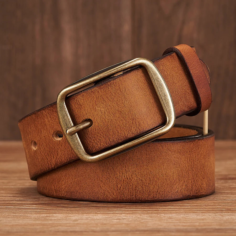 Cinturón de piel auténtica de vaca gruesa con hebilla de pasador de cobre para vaqueros, cinturón informal de moda, correa retro de lujo para hombre