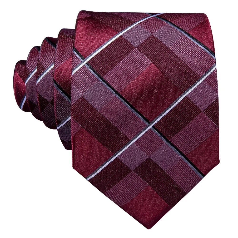 New Mens Wedding Tie Red Plaid Silk Tie Hanky Set Barry.Wang 8.5cm Fashion Designer Neck Ties for Men Party FA-5151