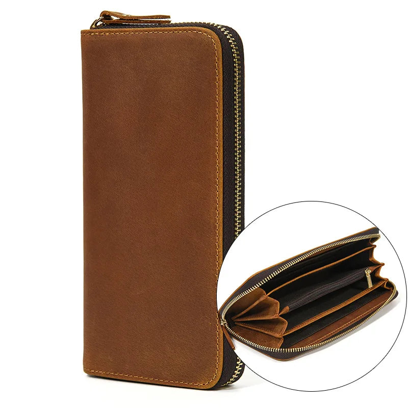 Luksusowy portfel damski i męski z podwójnym zamkiem, długi, skórzany w stylu vintage, kopertówka, etui na telefon, karty i monety, 100% prawdziwa skóra, portfel męski