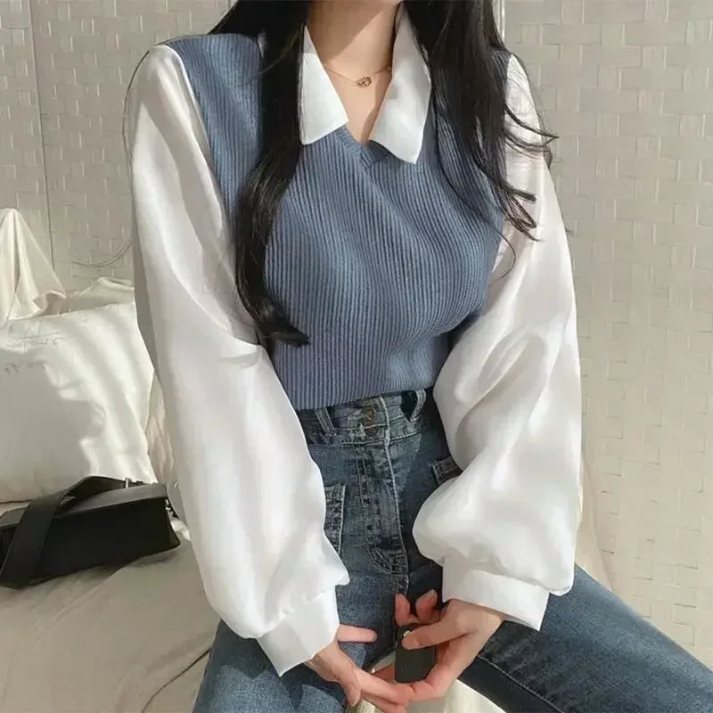 Koreańska koszulka, topy w stylu Y2K, bluzka damska z kołnierzykiem polo i imitacją dwóch warstw, wiosenna, casualowa, streetwearowa, luźny sweter, eleganckie bluzki