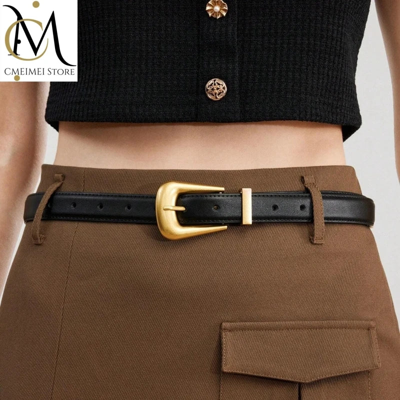 Cinturón de piel auténtica para mujer, cuero color burdeos con hebilla de metal dorado, cinturones de moda casual de lujo para vaqueros y vestidos