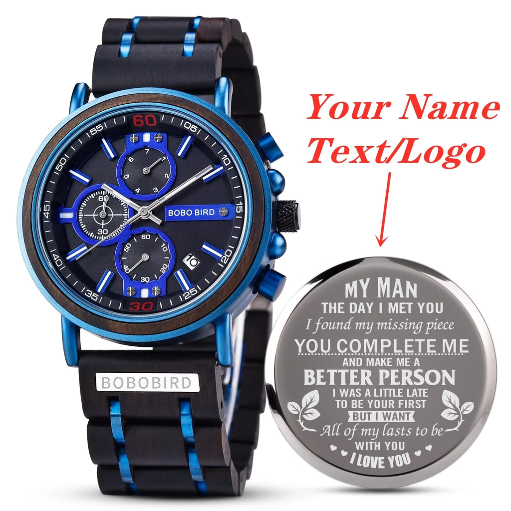 Engraved Wooden Watch Father's Day Custom Your Logo BOBOBIRD Quartz Wristwatch Men Boyfriend Birthday Groomsmen Anniversary Gift