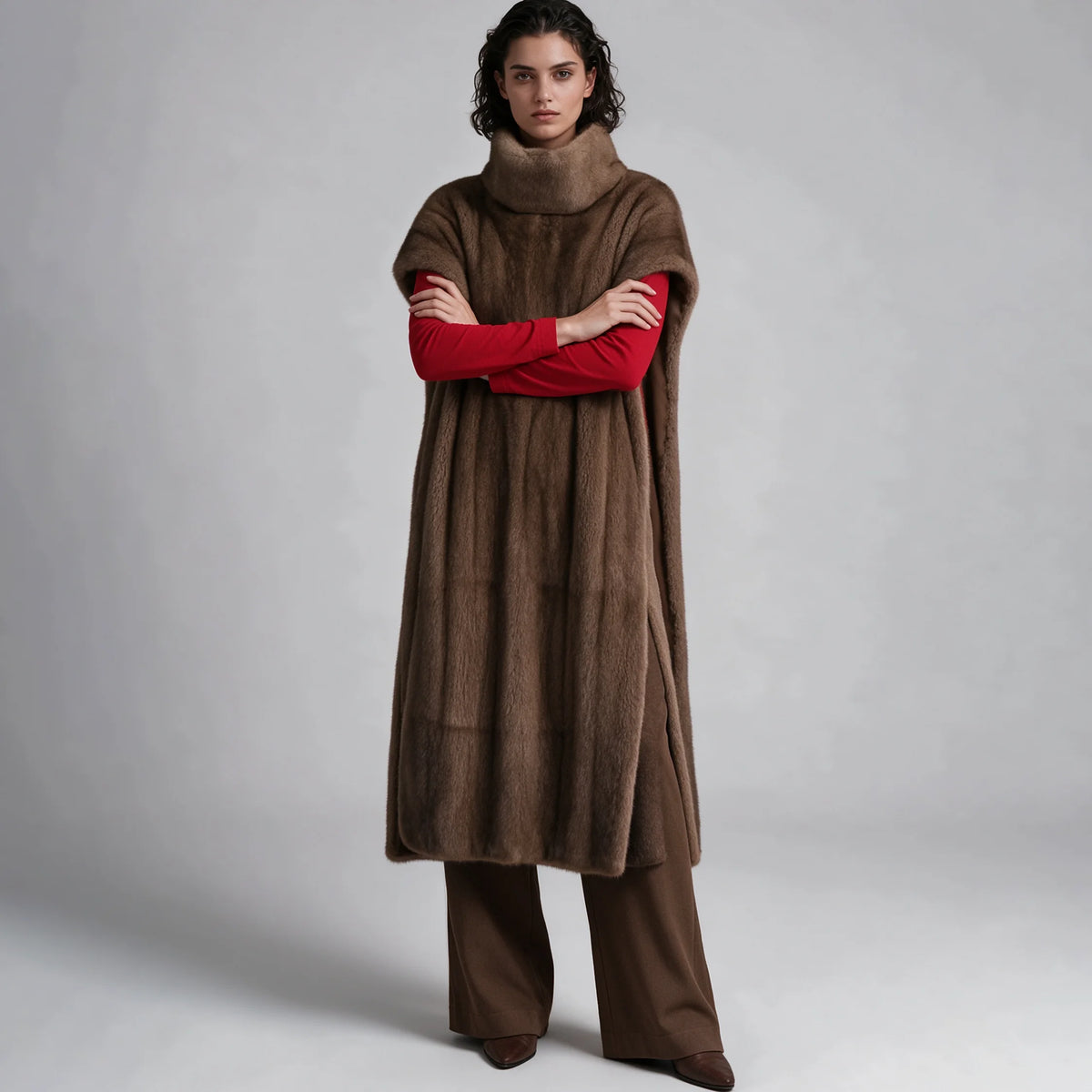 Women's Brown Faux Fur Sleeveless Turtleneck Cape with Pockets