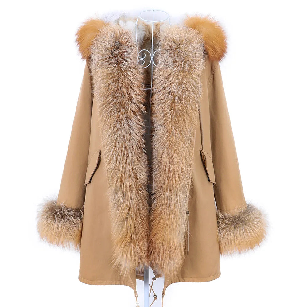 MAOMAOKONG 2026 Removable Real Fox Fur Collar Coats Woman Winter Jacket Hooded Rabbit Fur Lining Long Parkas Female Clothes