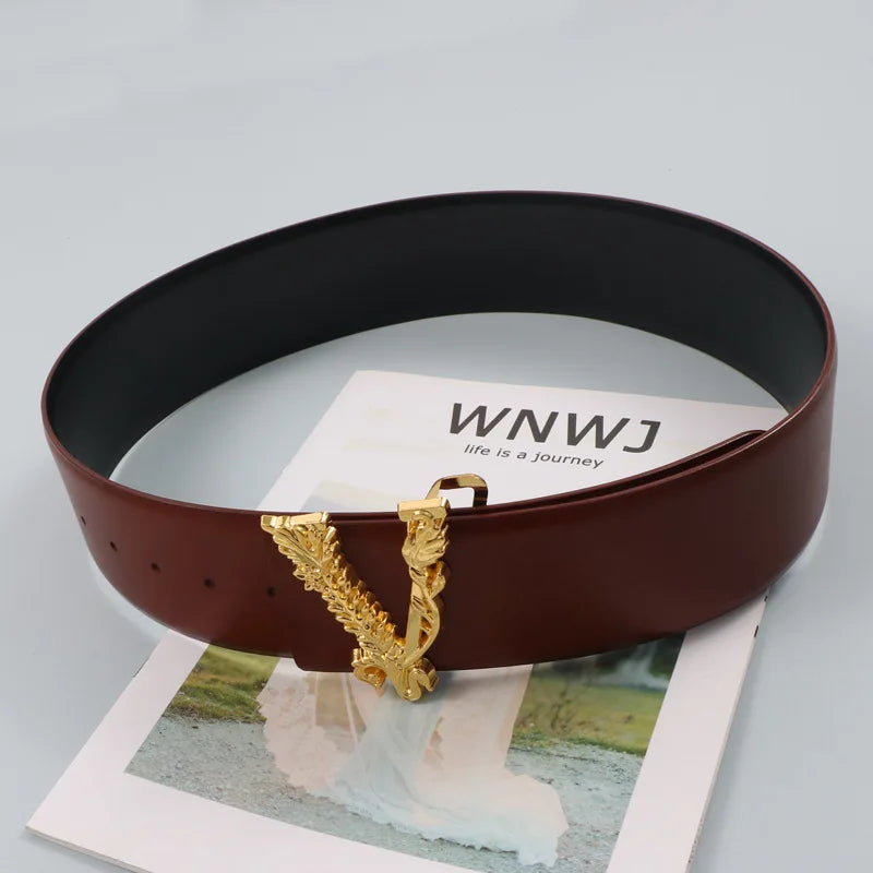 Width 6.5CM Waist Belt Women Metallic Gold Large V-Shaped Cowhide Decoration Versatile Fashion Commuter Dress Jacket Jeans Belt