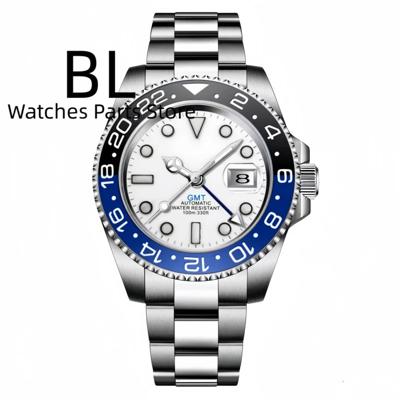 BLIGER 40mm Customizable Logo Blue GMT Watch for Men Black White Dial Green Luminous Sapphire Glass Waterproof Reloj Hombre Date