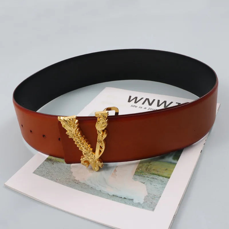 Cinturón de 6,5 cm de ancho para mujer, metálico dorado, con decoración grande en forma de V de piel de vaca, versátil, a la moda, para oficina, vestido, chaqueta y vaqueros