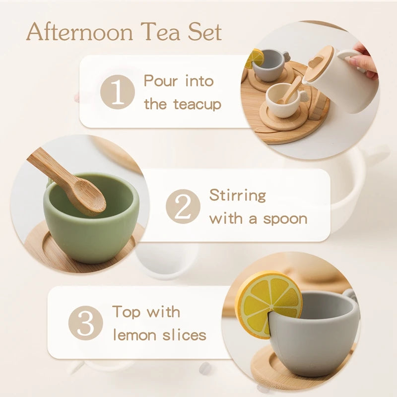 Wooden Montessori Toy Kitchen Set with Teapot and Teacup for Kids