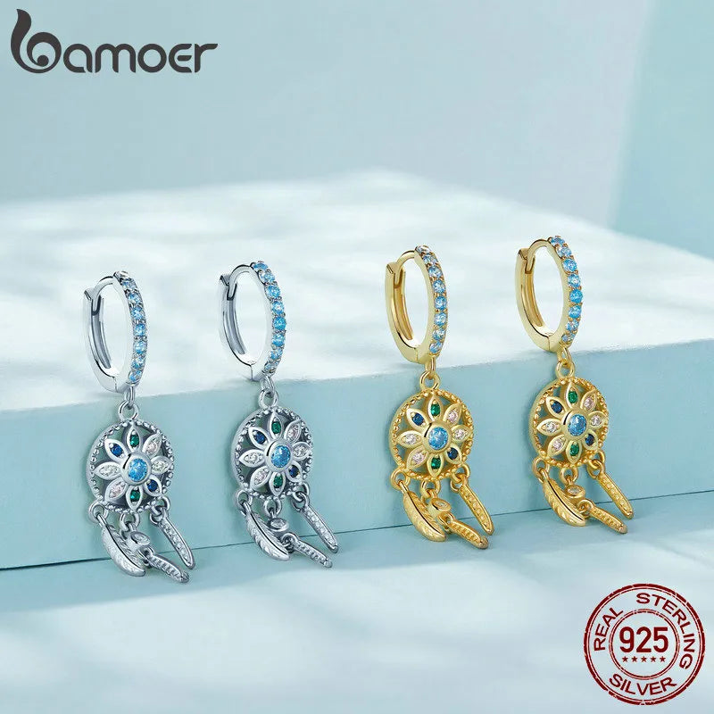 Pendientes colgantes BAMOER de plata de ley 925 con diseño de atrapasueños bohemio para mujer, estilo boho, joyería de moda, 2 colores