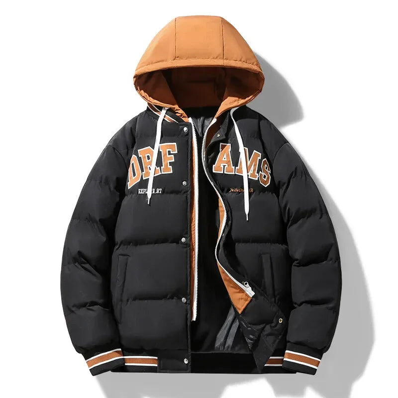 Męska kurtka modowa na zamek, nowa ciepła kurtka, streetwear, zimowa parka z kapturem dla par, gruby ocieplany płaszcz bawełniany, młodzieżowa kurtka