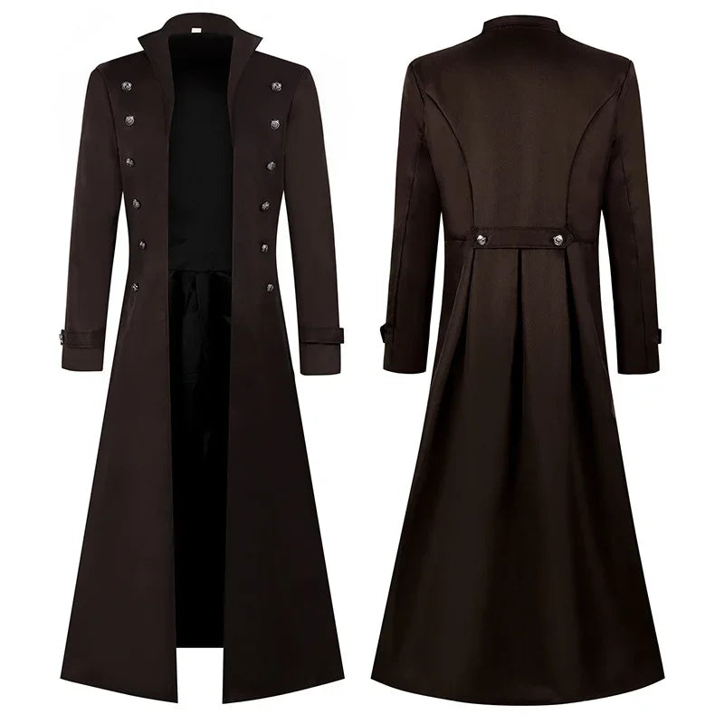 Gabardina gótica para hombre, abrigo medieval steampunk retro, cruzado, con ribete, de solapa, vintage, largo