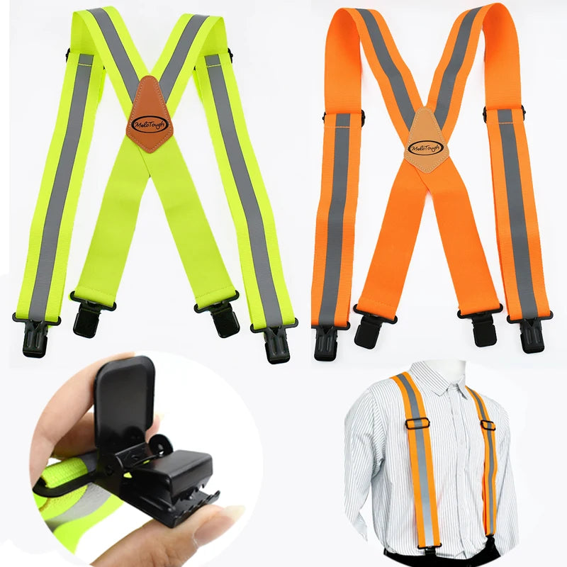 Deepeel 5*110 cm breda fluorescerande hängslen för vuxna män, X-modell med 4 klämmor, justerbart band, arbetssele, elastiskt bälte för män