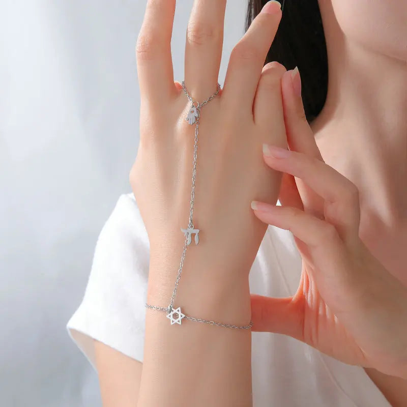Jewish Star of David Hebrew Letter Chai Finger Bracelet Stainless Steel Adjustable Hexagram Zircon Bracelets Amulet Jewelry