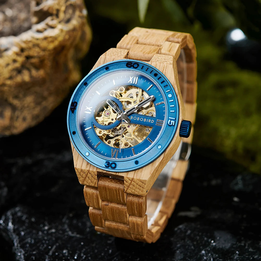 Top Luxury Men's Watches BOBO BIRD Mechanical Wristwatch Wooden Relogio Masculino Custom Father's Day Gift Wooden Box