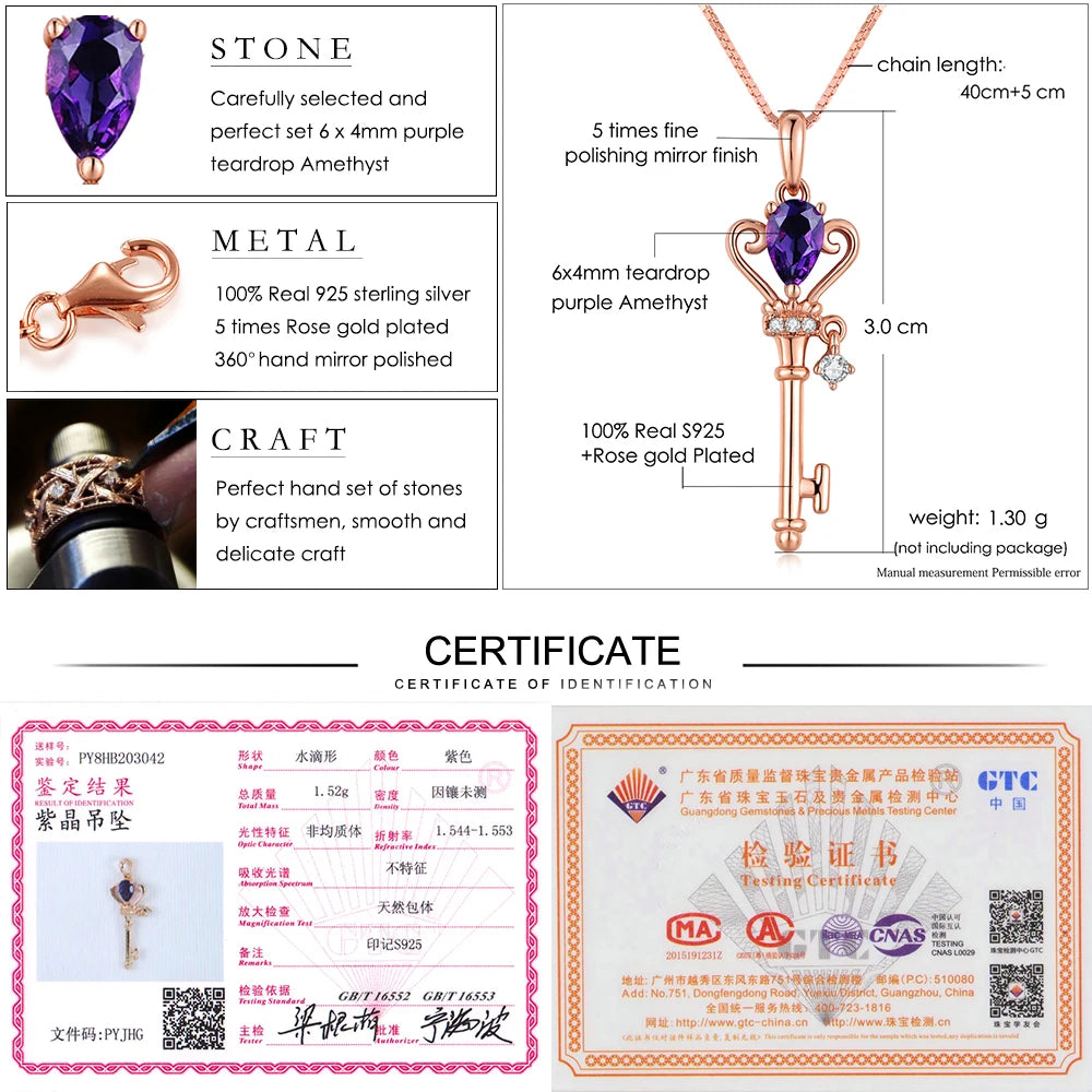 LAMOON Crown Key Pendant 925 Sterling Silver Necklace Jewelry 0.4ct Amethyst Gemstones Necklaces Rose Gold Plated Chain LMNI004