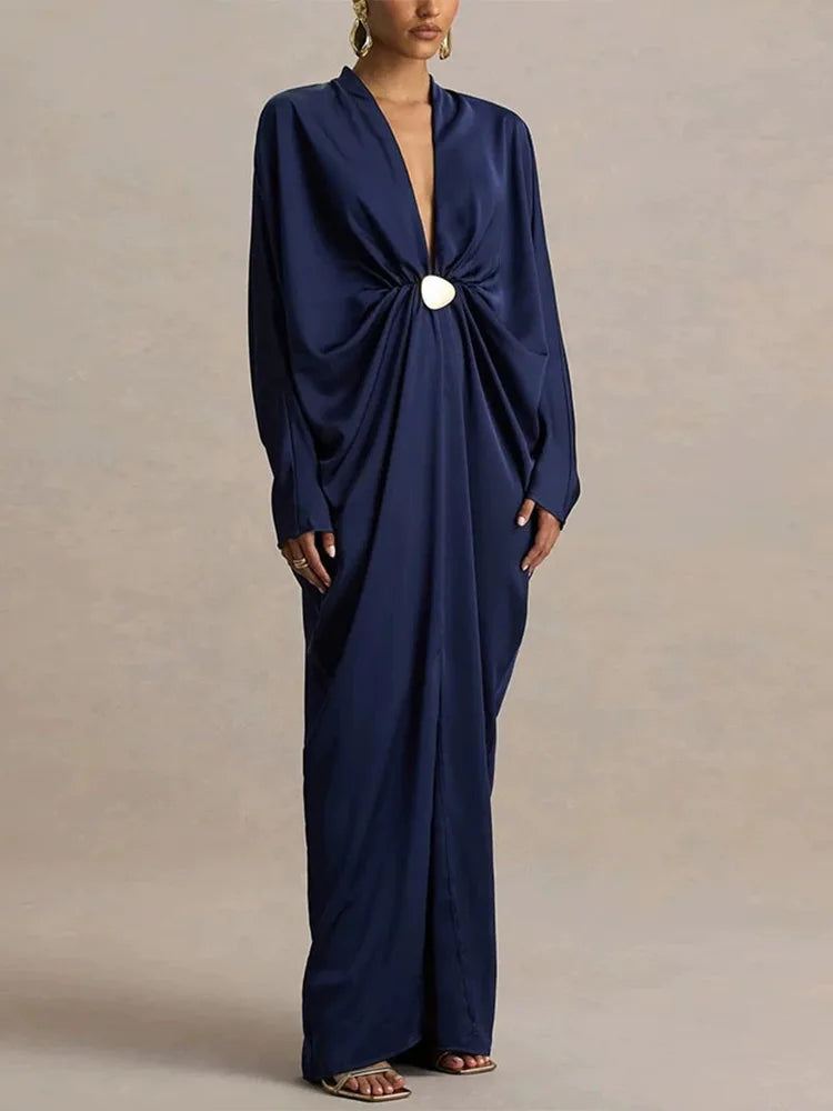 Women's Pleated Ankle-Length Dress With V-Neck And Batwing Sleeves