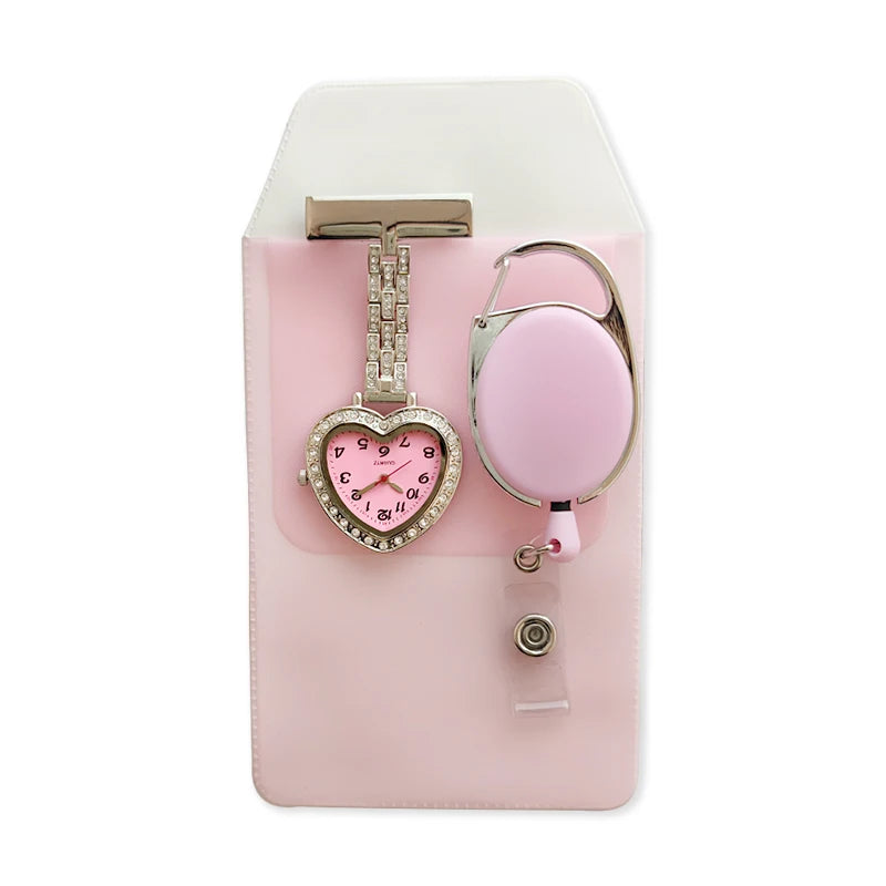 Glitter Peach Nurse FOB Watch Sparkle Pocket Watch Egg Jojo Pen Holder Heart Diamond Brooch Medical Clock Pink Graduation Gift