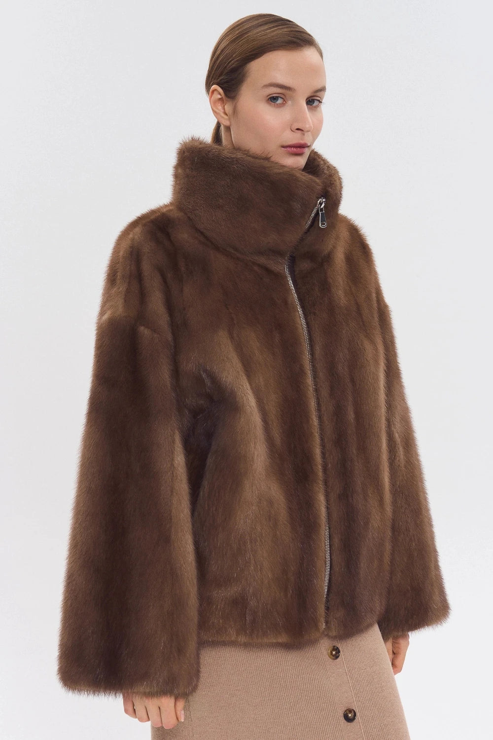 Women Faux Mink Fur Jacket High Collar Long Sleeve Casual Coat