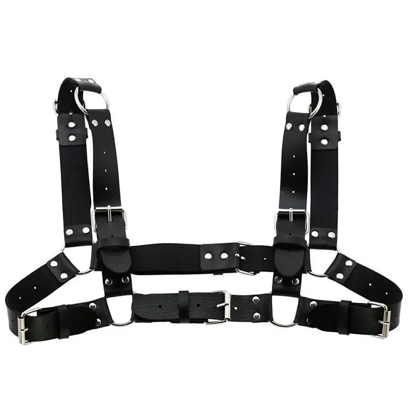 Arnés de pecho punk sexy para mujer y hombre, cadena corporal de metal enjaulado ajustable, gargantilla de cuero sintético, collar llamativo para fiesta y clubwear