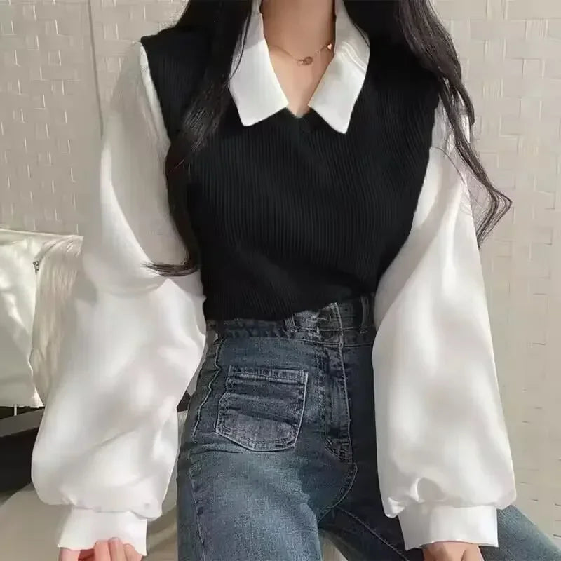 Korean Shirt Y2k Tops False Two-Piece Polo Collar Women's Blouse Spring Casual Streetwear Loose Female Pullovers Elegant Blouses