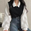 Korean Shirt Y2k Tops False Two-Piece Polo Collar Women's Blouse Spring Casual Streetwear Loose Female Pullovers Elegant Blouses
