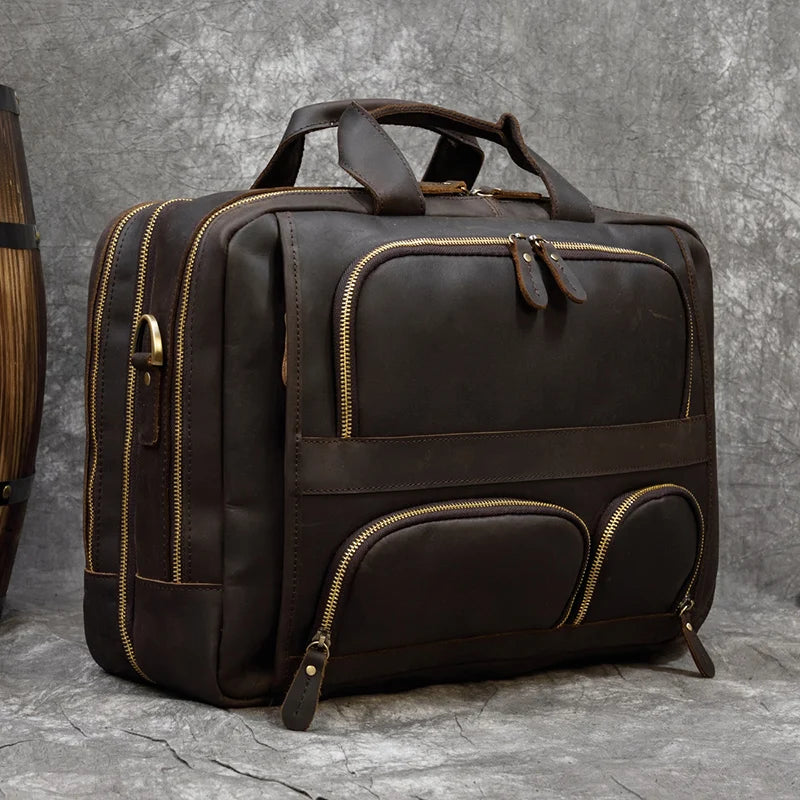 17.3 Inch Laptop Briefcase Genuien Leather Laptop Bag Business Travel Tote Bags Handbags for Men Male Large Brief Case Bag Retro