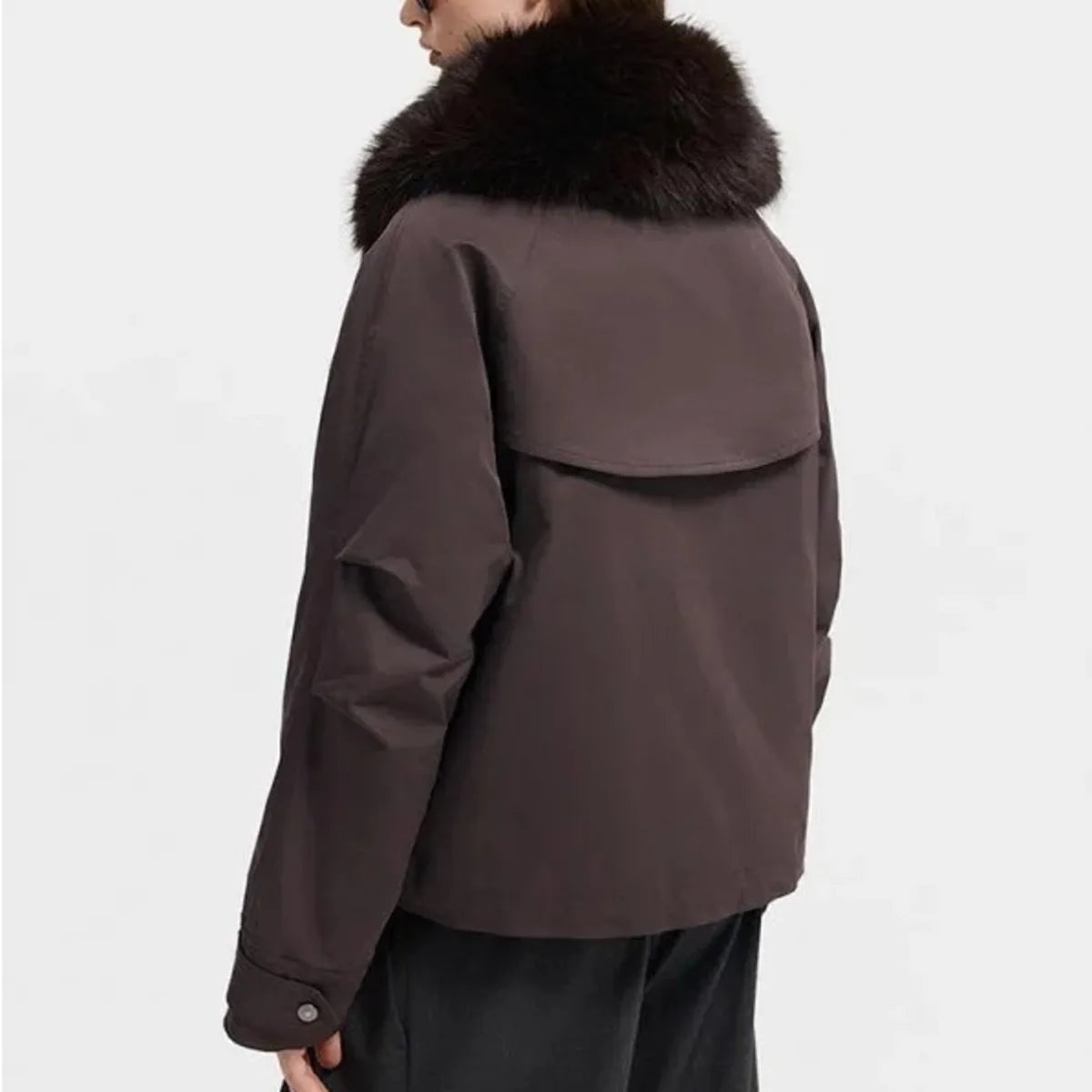 Women's Dark Brown Faux Fur Collar Cropped Biker Parka Jacket
