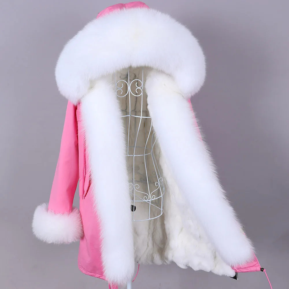 MAOMAOKONG 2026 Removable Real Fox Fur Collar Coats Woman Winter Jacket Hooded Rabbit Fur Lining Long Parkas Female Clothes