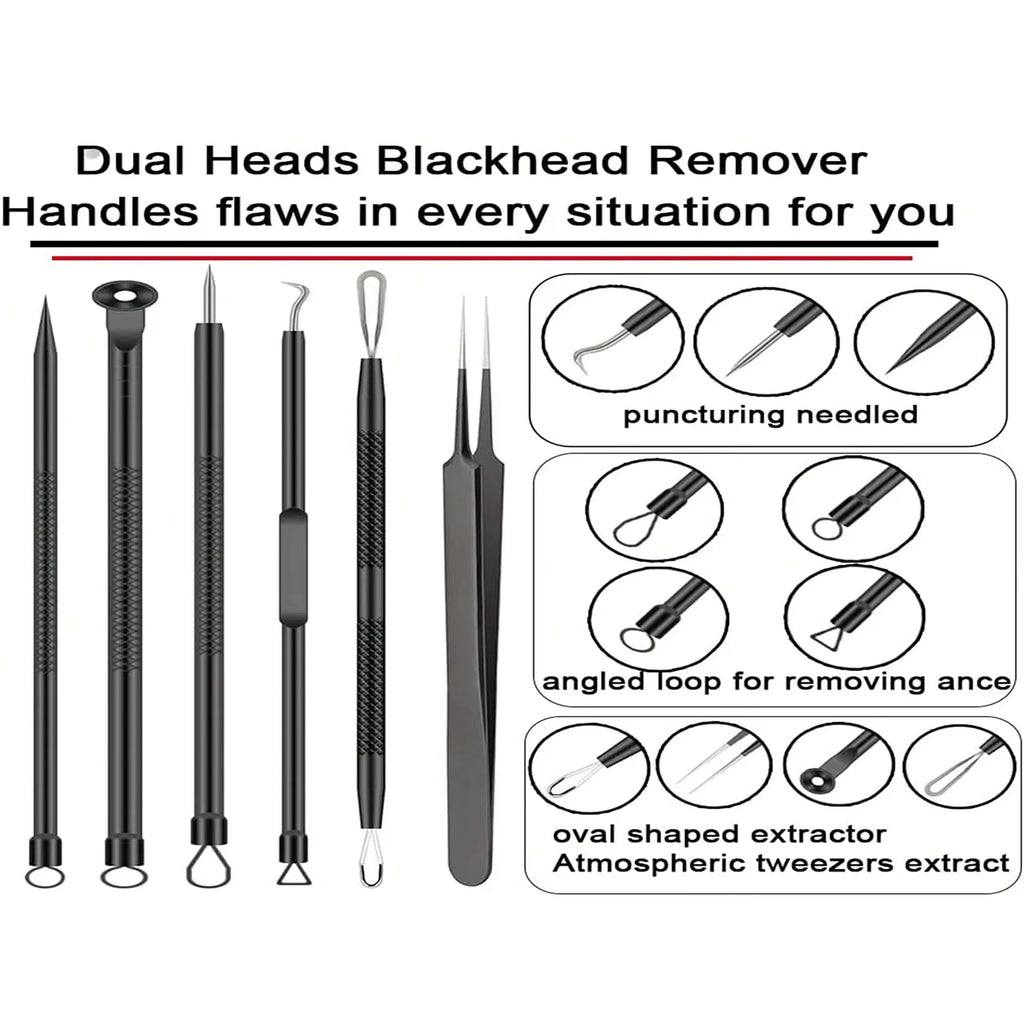 6pcs/Set Acne Removal Needle and Clip Stainless Steel Tool Blackhead Removal Blemishes Facial Skin Care Beauty Facial Pore Clean
