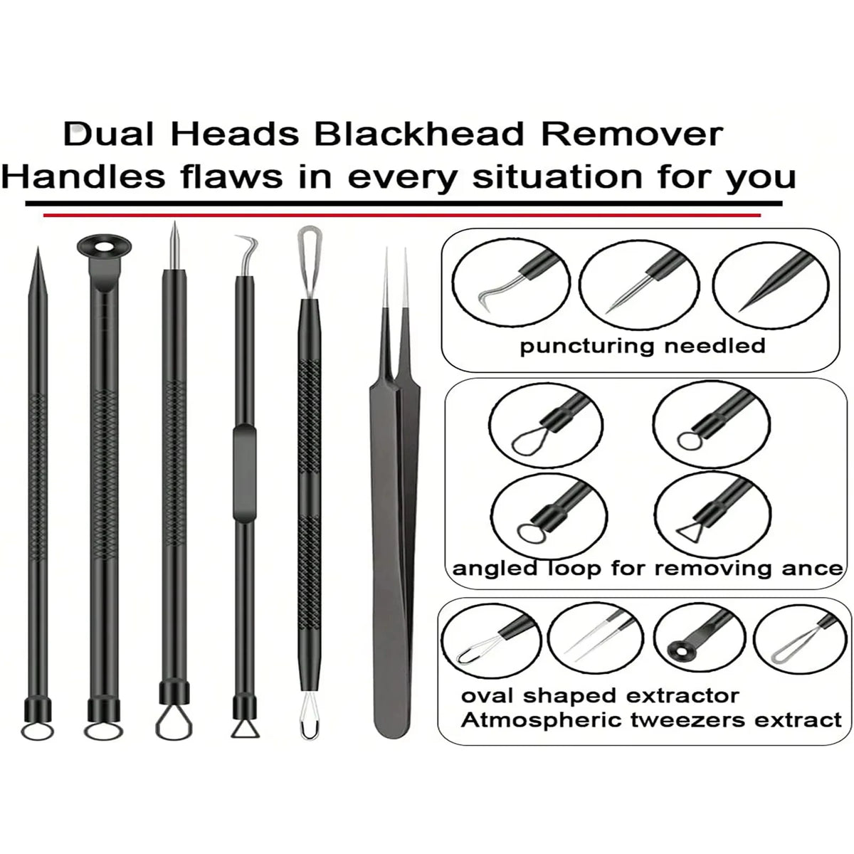 6pcs/Set Acne Removal Needle and Clip Stainless Steel Tool Blackhead Removal Blemishes Facial Skin Care Beauty Facial Pore Clean