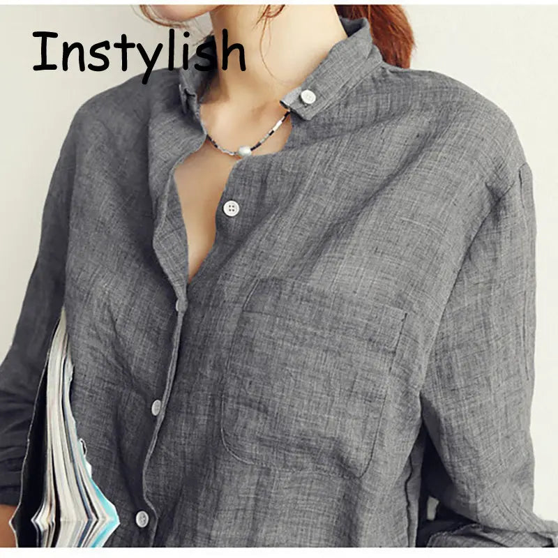 Chemisier décontracté pour femme, style coréen, automne 2022, en coton et lin, coupe ample et légère, manches longues, vintage, couleur unie