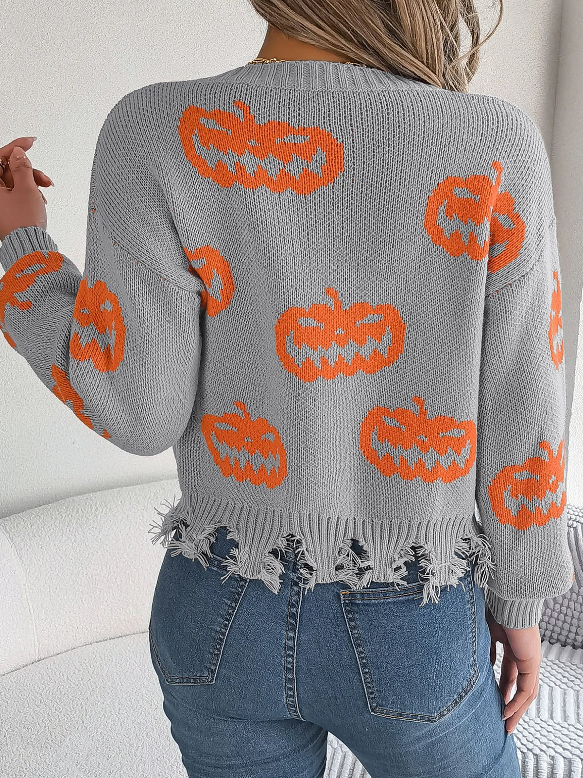 Women V-Neck Pumpkin Knit Pullover Sweater Acrylic Casual Autumn Winter
