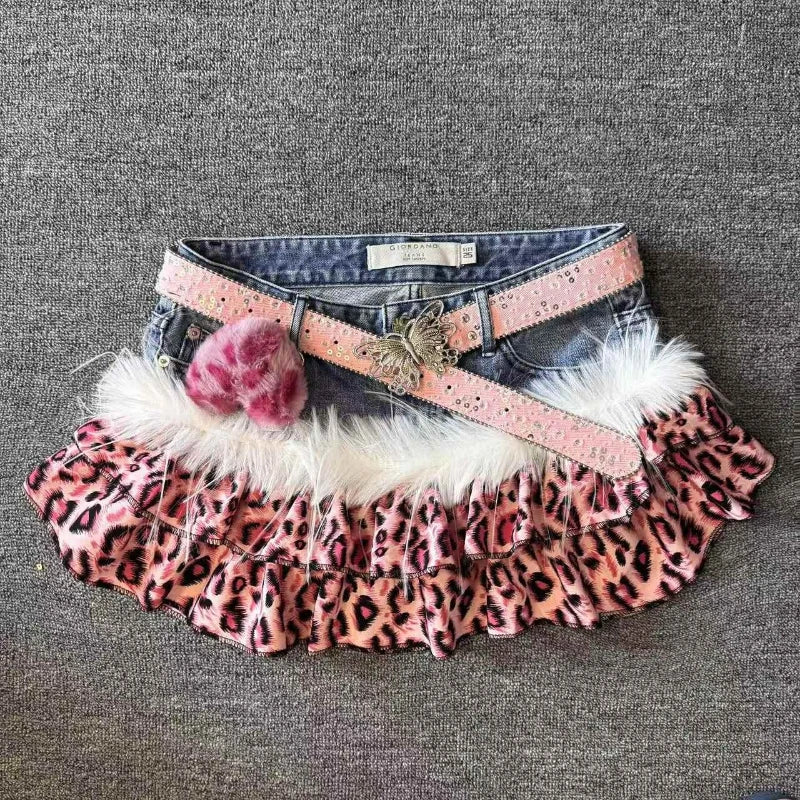 Leopard Patchwork Denim Mini Skirt High Rise Slim Fit for Women