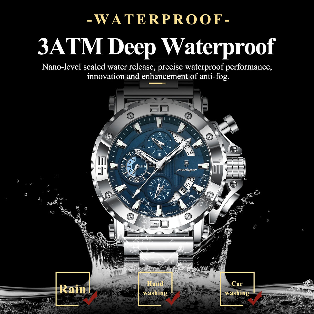 POEDAGAR Top Business Men's Wristwatch Luminous Waterproof Man Clock Chronograph Calendar Stainless Steel Quartz Watches for Men