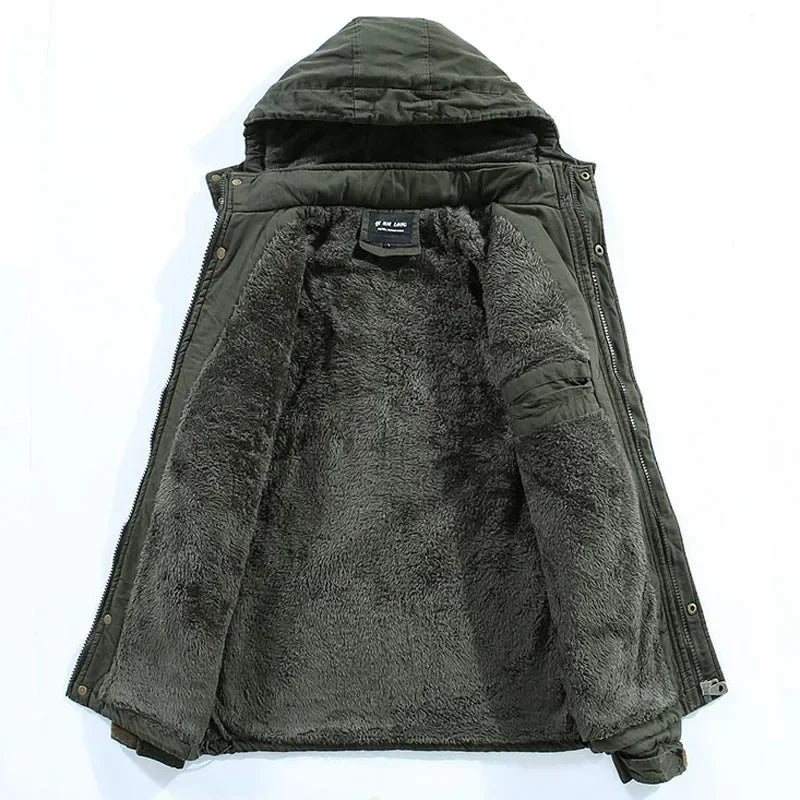 Męska kurtka parka w stylu militarnym, wiatroszczelna z kapturem, z bawełny typu washed, ocieplana grubym polarem, ciepła kurtka zimowa typu varsity w stylu casual, nowość